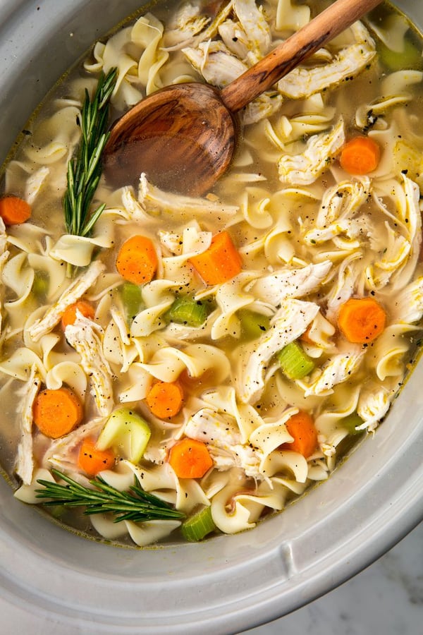 crock pot of chicken noodle soup