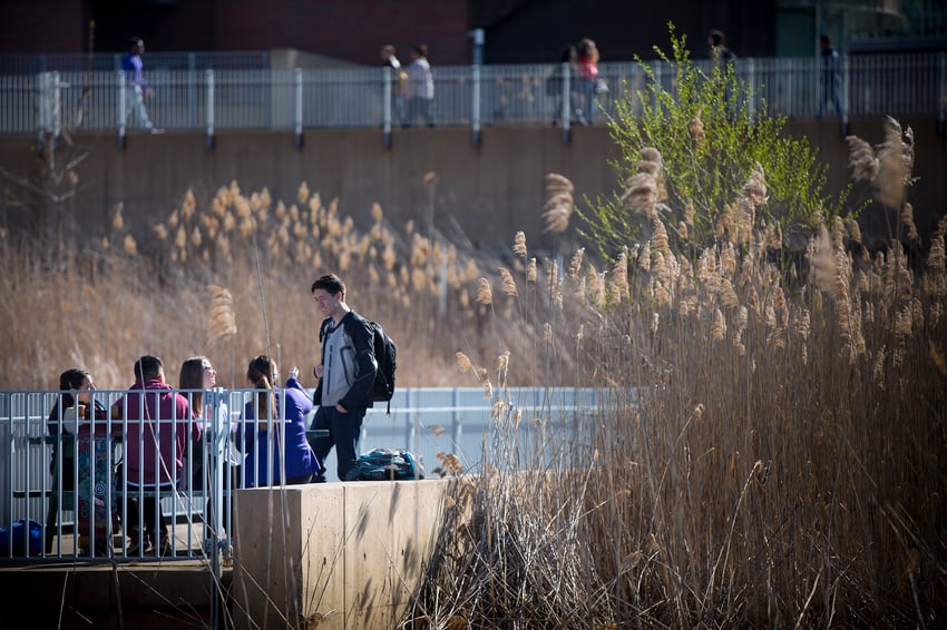 Students talking by the water at north campus location