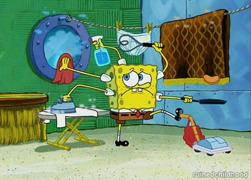 Spongebob frantically cleaning eight things at once