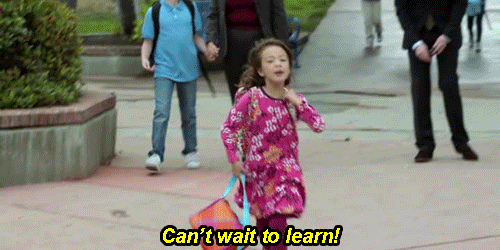 Lily running and saying can't wait to learn