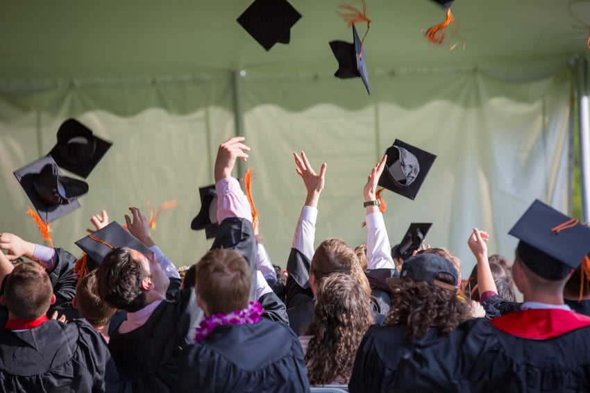 graduating students throwing their caps in the air