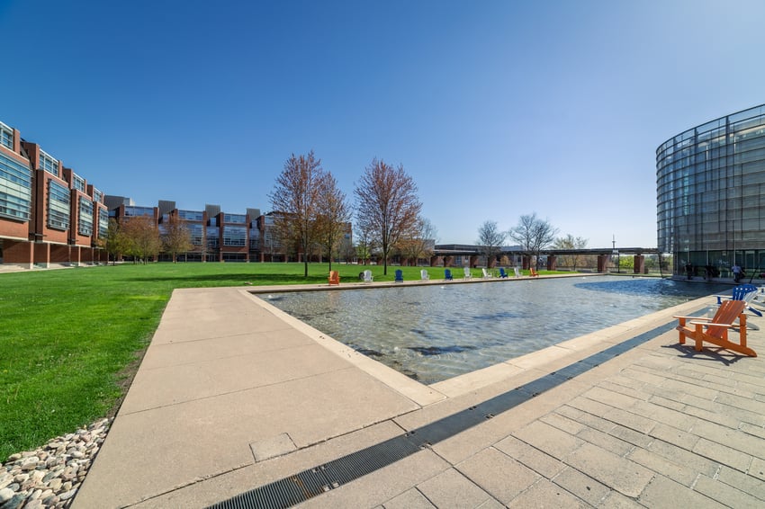 Polonsky commons pond and grass