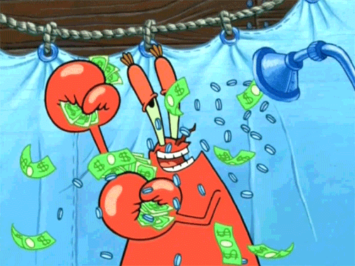 gif of Mr. Krabs having a money shower