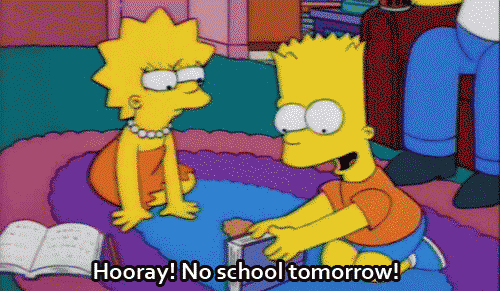Bart simpson throws book on fire saying "Hooray! No school tomorrow!"
