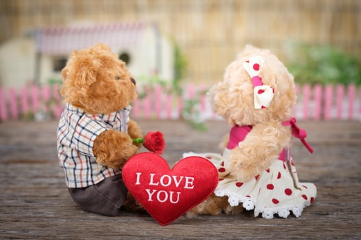 Two teddy bears with a heart that says 'I love you'