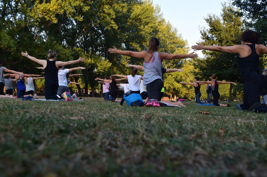 Group doing yoga on grass