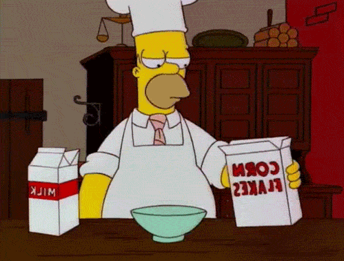 Homer pouring making cereal in bowl of fire