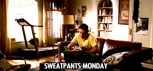 Gif of someone wearing the same sweatpants everyday of the week