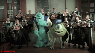 gif of Monsters Inc. characters Mike and Sully dancing on stage with a band.
